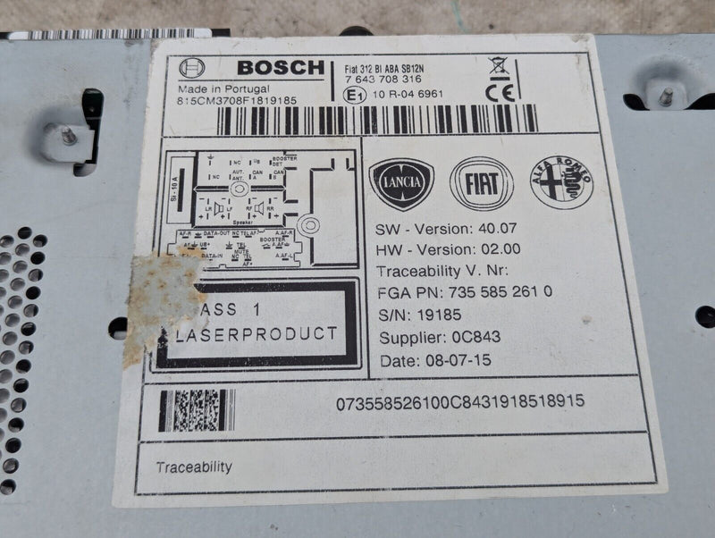 FIAT ABARTH 500 2008-2015 CAR STEREO RADIO CD MP3 PLAYER 7355852610 {NO CODE}