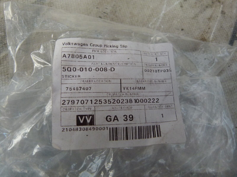 VW AUDI SEAT SYSTEM INFORMATION STICKER GENUINE 5Q0010008