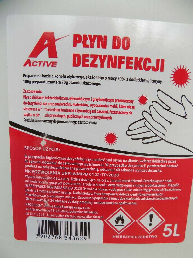 DESINFECTION  CLEANING LIQUID70% ALKOHOL ETHANOL GERMICIDAL TO HEAND SURFACE 5L