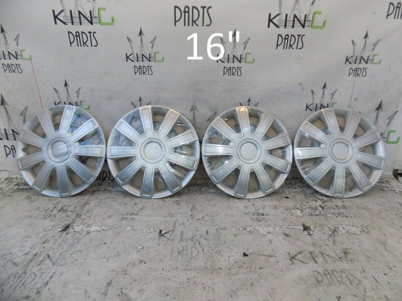 X4 16" UNIVERSAL WHEEL TRIM HUB CAPS CAR VAN TRAILER 4PC PLASTIC SILVER "ARROW"