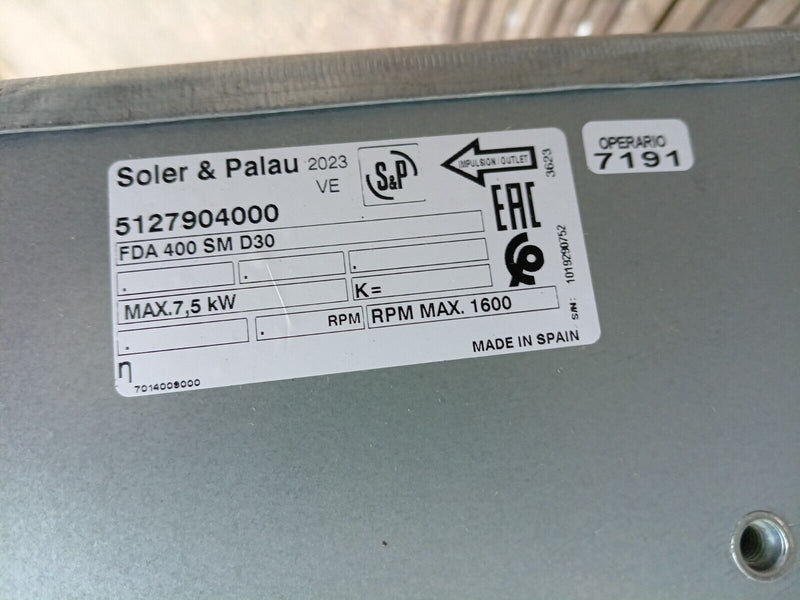 'SOLER & PALAU' DOUBLE INLET FORWARD CURVED CENTRIFUGAL FAN FDA-400-SM